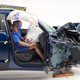 The 2018 Volkswagen Atlas after the passenger-side small overlap frontal test, which it was rated “Good” for.